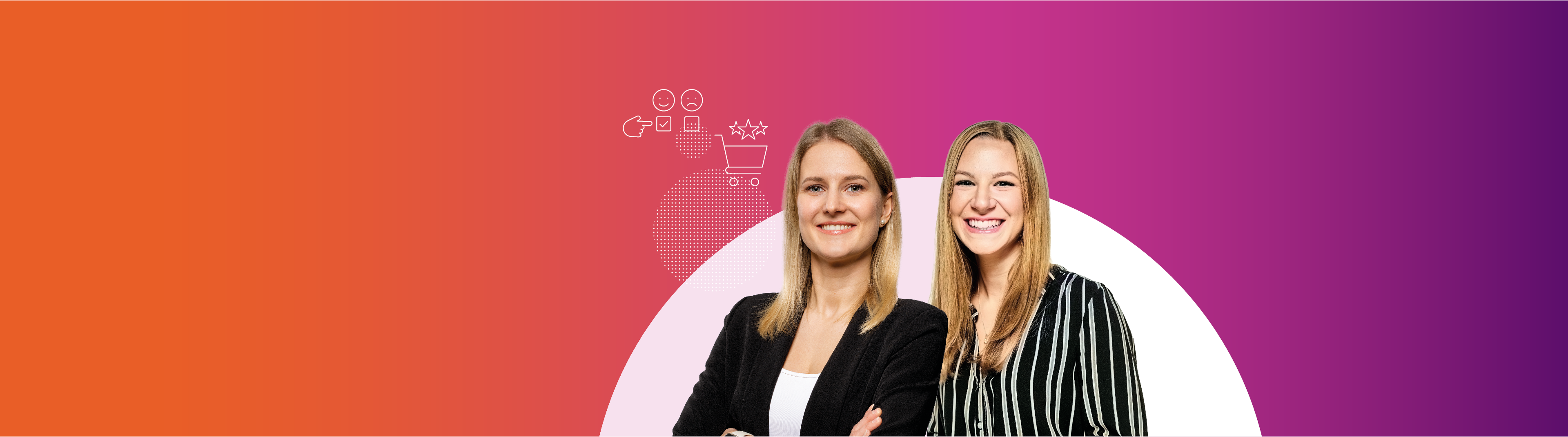 NOVENTI_Kundenbefragung_Shop-Header_3840x1070px_e two women, business, formale Kleidung, schwarzer Blazer, gestreiftes Hemd